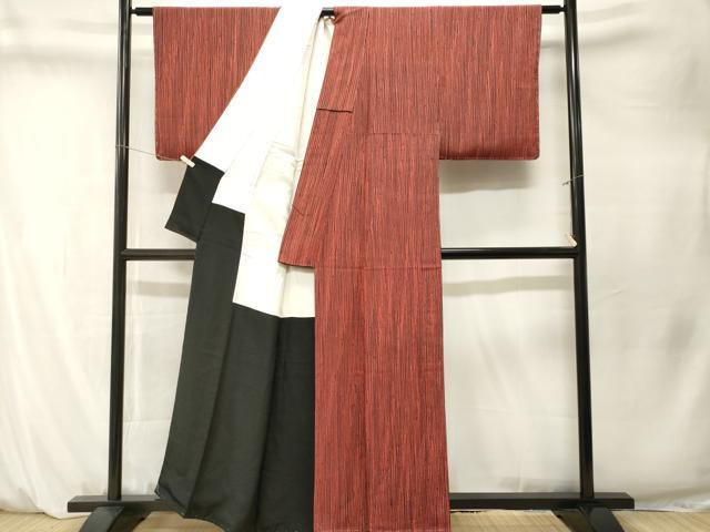 平和屋着物■上質な小紋　縞　黒地　鬼しぼ縮緬　正絹　逸品　CABM1525ev