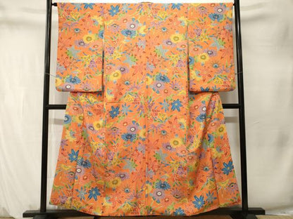 平和屋着物■小振袖　型染め　草花文　正絹　逸品　CABM1563ev