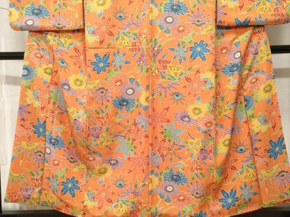 平和屋着物■小振袖　型染め　草花文　正絹　逸品　CABM1563ev