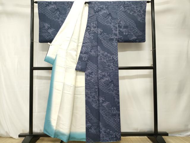 平和屋着物■阿波藍染　阿波友禅　徳島県無形文化財保持者　香川卓美　小紋　型染め　風景文　吉祥文　鬼しぼ縮緬　正絹　逸品　CABM1583ev