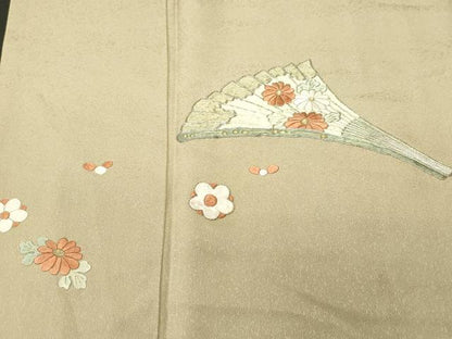 平和屋着物■訪問着　駒刺繍　扇面草花文　金糸　正絹　逸品　CABM1595ev