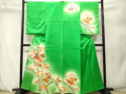 平和屋着物■訪問着　駒刺繍　竹　扇面草花文　暈し染め　金彩　正絹　逸品　CABM1622ev