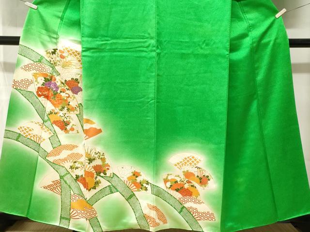 平和屋着物■訪問着　駒刺繍　竹　扇面草花文　暈し染め　金彩　正絹　逸品　CABM1622ev