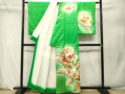 平和屋着物■訪問着　駒刺繍　竹　扇面草花文　暈し染め　金彩　正絹　逸品　CABM1622ev