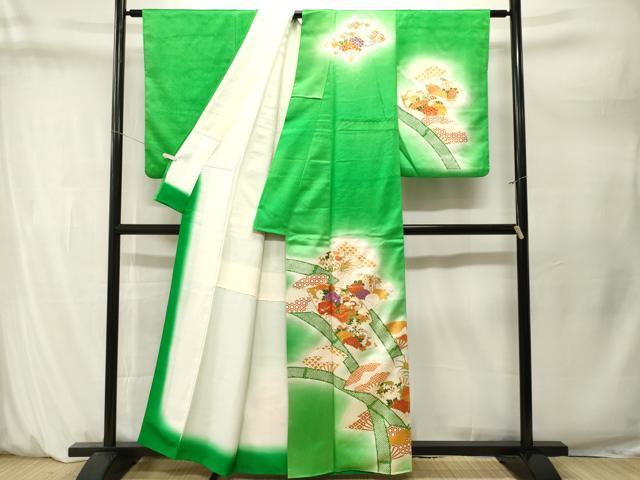 平和屋着物■訪問着　駒刺繍　竹　扇面草花文　暈し染め　金彩　正絹　逸品　CABM1622ev