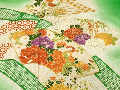 平和屋着物■訪問着　駒刺繍　竹　扇面草花文　暈し染め　金彩　正絹　逸品　CABM1622ev