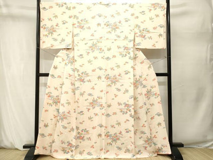 平和屋着物■上質な小紋　型染め　流水草花文　鬼しぼ縮緬　正絹　逸品　CABM1623ev