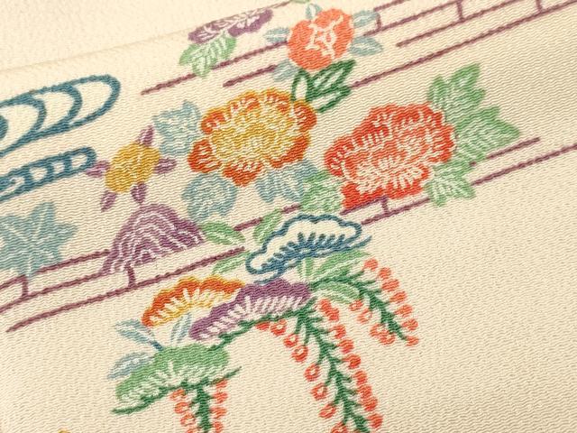 平和屋着物■上質な小紋　型染め　流水草花文　鬼しぼ縮緬　正絹　逸品　CABM1623ev