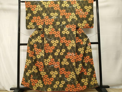 平和屋着物■上質な小紋　亀甲菊文　黒地　銀彩　正絹　逸品　CABM1634ev