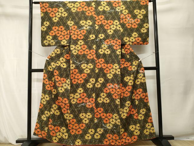 平和屋着物■上質な小紋　亀甲菊文　黒地　銀彩　正絹　逸品　CABM1634ev