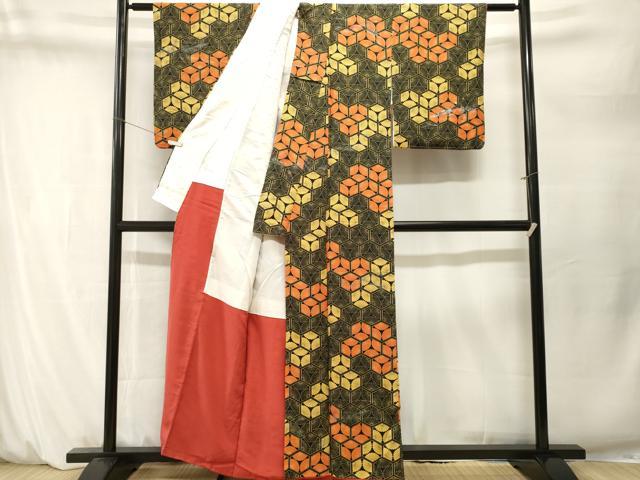 平和屋着物■上質な小紋　亀甲菊文　黒地　銀彩　正絹　逸品　CABM1634ev