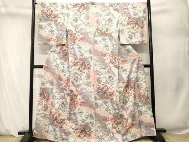 平和屋着物■上質な小紋　雪輪流水舟草花文　暈し染め　金彩　正絹　逸品　CABM1647ev