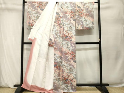 平和屋着物■上質な小紋　雪輪流水舟草花文　暈し染め　金彩　正絹　逸品　CABM1647ev