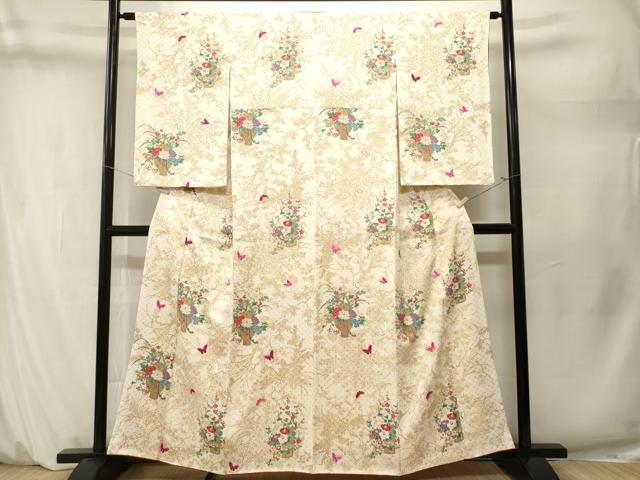 平和屋着物■上質な小紋　刺繍　花籠文　枝花文　金糸　正絹　逸品　CABM1651ev