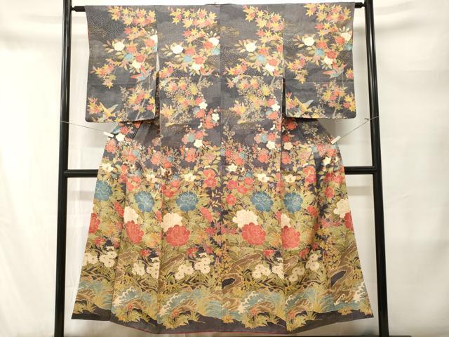 平和屋着物■訪問着　江戸小紋　立波花鳥文　黒地　金彩　正絹　逸品　CABM1695ev
