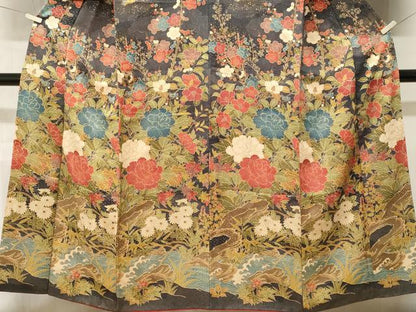 平和屋着物■訪問着　江戸小紋　立波花鳥文　黒地　金彩　正絹　逸品　CABM1695ev