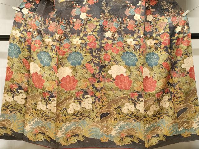 平和屋着物■訪問着　江戸小紋　立波花鳥文　黒地　金彩　正絹　逸品　CABM1695ev