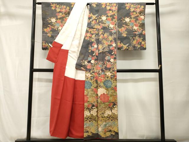 平和屋着物■訪問着　江戸小紋　立波花鳥文　黒地　金彩　正絹　逸品　CABM1695ev