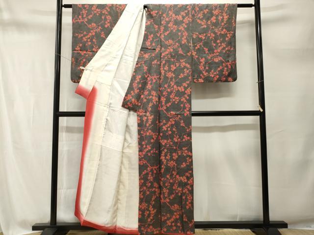 平和屋着物■上質な小紋　枝梅文　鮫小紋柄　黒地　金彩　正絹　逸品　CABM1717ev