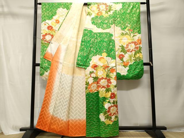 平和屋着物■豪華振袖　駒刺繍　雲取り露芝草花文　金彩　正絹　逸品　CABM1746ev