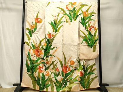 平和屋着物■豪華振袖　チューリップ　草花文　暈し染め　金糸　金通し地　正絹　逸品　CABM1754ev