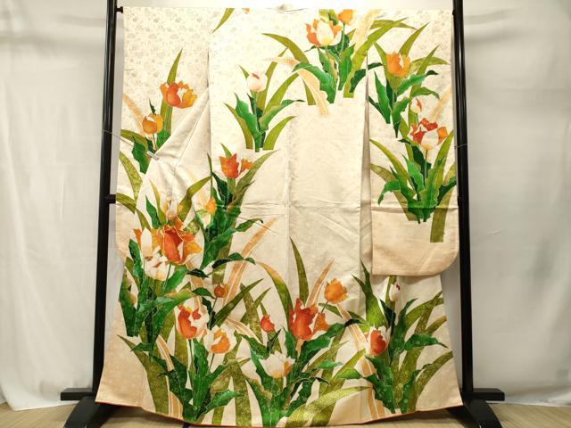平和屋着物■豪華振袖　チューリップ　草花文　暈し染め　金糸　金通し地　正絹　逸品　CABM1754ev
