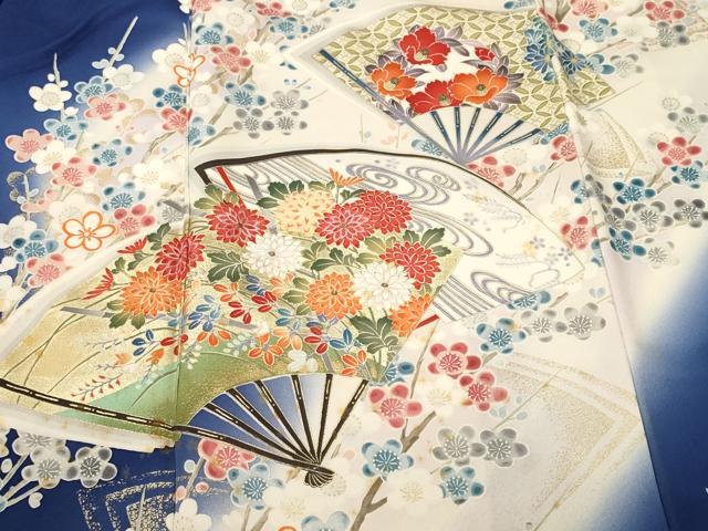 平和屋着物■豪華振袖　刺繍　扇面流水枝梅花文　暈し染め　金彩　正絹　逸品　CABM1763ev