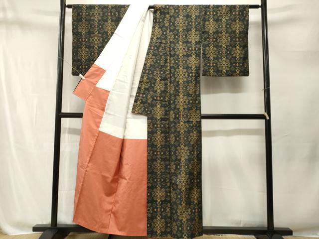平和屋着物■上質な紬　幾何学文　黒地　正絹　逸品　CABM1820ev