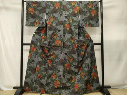 平和屋着物■上質な紬　草花文　正絹　逸品　CABM1830ev