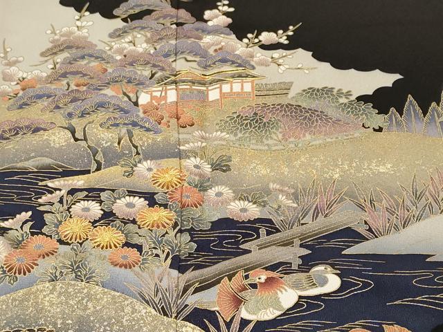 平和屋着物■豪華黒留袖　駒刺繍　松竹梅御所解鴛鴦文　暈し染め　金彩　正絹　逸品　CABM1873ev