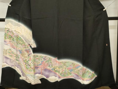 平和屋着物■豪華黒留袖　作家物　駒刺繍　風景文　暈し染め　銀彩　正絹　逸品　CABM1879ev