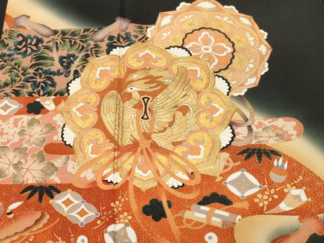 平和屋着物■豪華黒留袖　作家物　駒刺繍　鏡裏鳳凰花文　宝尽くし　暈し染め　金彩　正絹　逸品　CABM1901ev