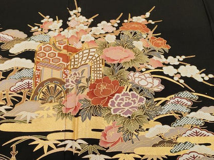 平和屋着物■豪華黒留袖　駒刺繍　流水御所車松竹梅花文　金彩　正絹　逸品　CABM1905ev