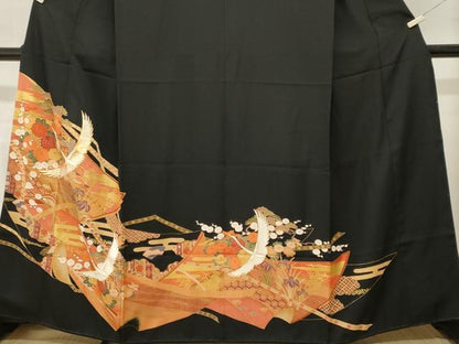 平和屋着物■豪華黒留袖　駒刺繍　飛鶴松竹梅花文　金彩　正絹　逸品　CABM1959ev
