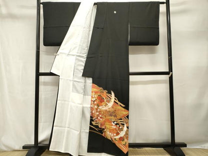 平和屋着物■豪華黒留袖　駒刺繍　飛鶴松竹梅花文　金彩　正絹　逸品　CABM1959ev