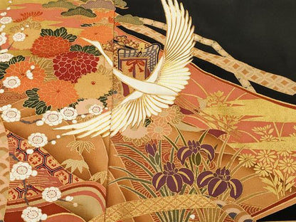 平和屋着物■豪華黒留袖　駒刺繍　飛鶴松竹梅花文　金彩　正絹　逸品　CABM1959ev