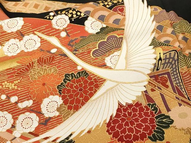 平和屋着物■豪華黒留袖　駒刺繍　飛鶴松竹梅花文　金彩　正絹　逸品　CABM1959ev