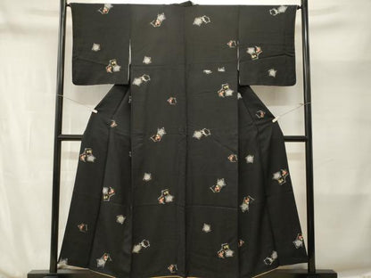 平和屋着物■上質な小紋　溢れ松葉花文　黒地　金彩　正絹　逸品　CABM1975ev