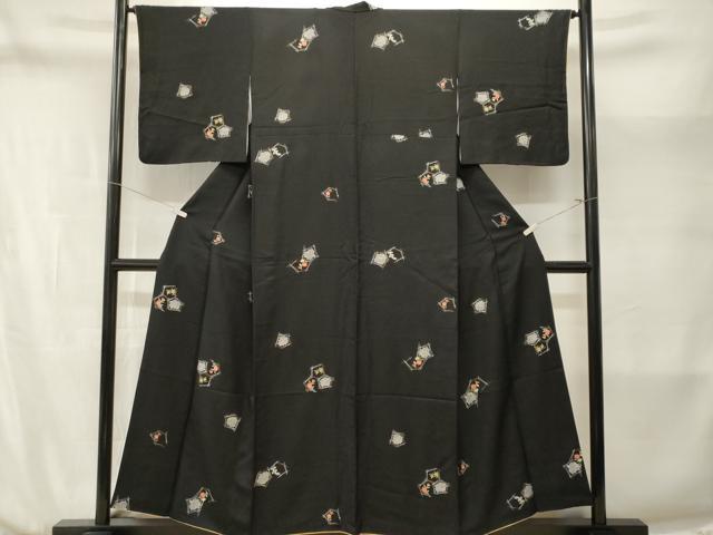 平和屋着物■上質な小紋　溢れ松葉花文　黒地　金彩　正絹　逸品　CABM1975ev
