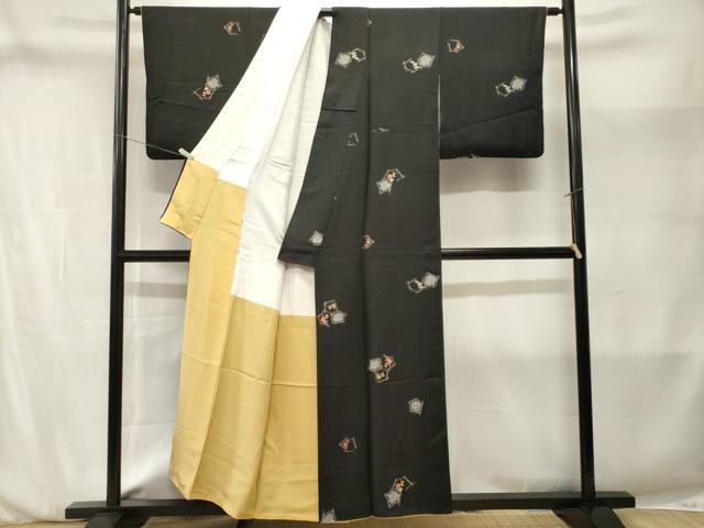 平和屋着物■上質な小紋　溢れ松葉花文　黒地　金彩　正絹　逸品　CABM1975ev