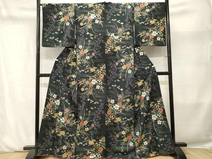 平和屋着物■小紋　エ霞草花文　黒地　金彩　洗える着物　CABM1978ev