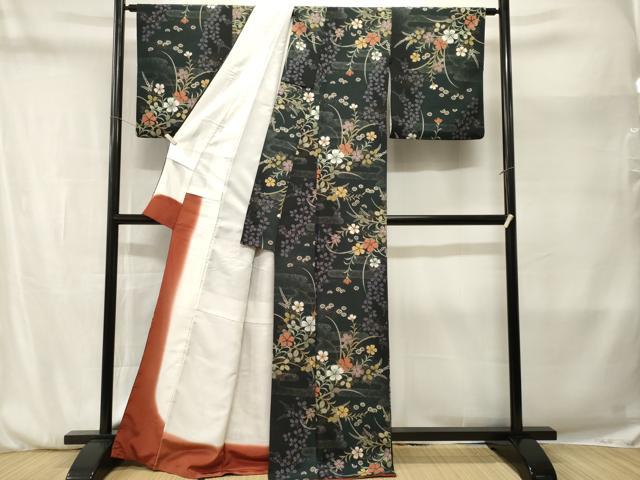 平和屋着物■小紋　エ霞草花文　黒地　金彩　洗える着物　CABM1978ev