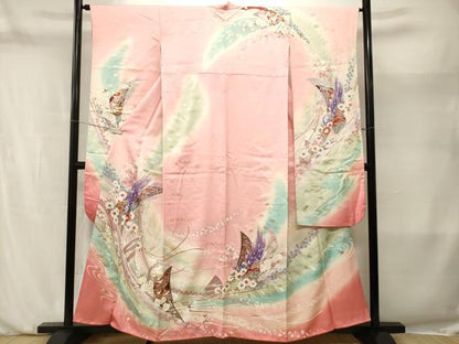 平和屋着物■豪華振袖　扇面孔雀花文　暈し染め　金銀彩　正絹　逸品　CABM1993ev
