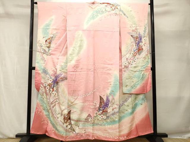平和屋着物■豪華振袖　扇面孔雀花文　暈し染め　金銀彩　正絹　逸品　CABM1993ev