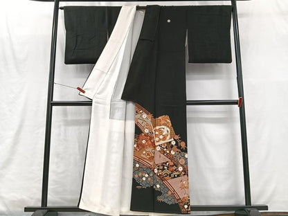 平和屋着物■豪華黒留袖　駒刺繍　渡り橋色紙花鳥文　金彩　正絹　逸品　CABM2008xe