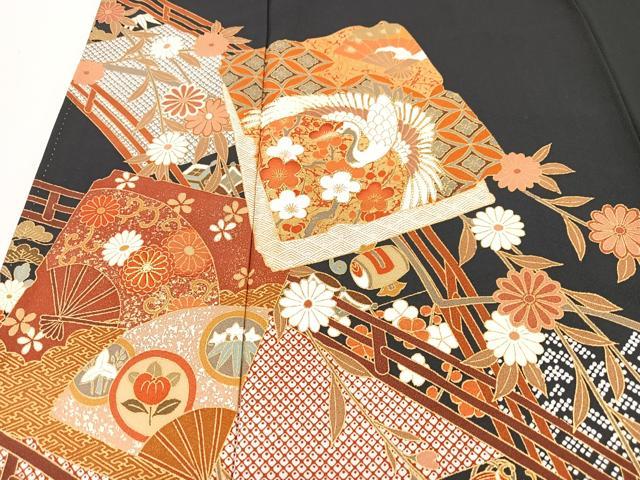 平和屋着物■豪華黒留袖　駒刺繍　渡り橋色紙花鳥文　金彩　正絹　逸品　CABM2008xe
