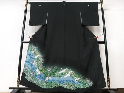 平和屋着物■豪華黒留袖　飛鶴草花文　暈し染め　銀彩　正絹　逸品　CABM2054xe
