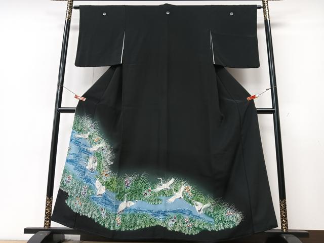 平和屋着物■豪華黒留袖　飛鶴草花文　暈し染め　銀彩　正絹　逸品　CABM2054xe