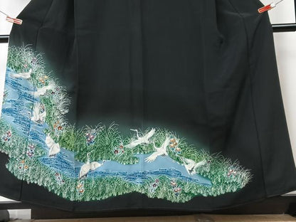 平和屋着物■豪華黒留袖　飛鶴草花文　暈し染め　銀彩　正絹　逸品　CABM2054xe