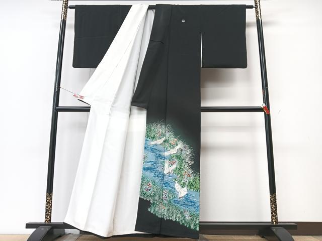 平和屋着物■豪華黒留袖　飛鶴草花文　暈し染め　銀彩　正絹　逸品　CABM2054xe